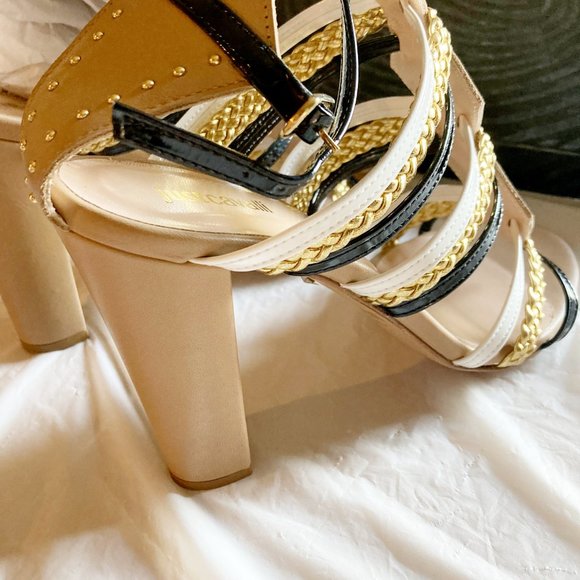 Just Cavalli women's 39 EU gold braided strappy buckle chunky heel sandals - Picture 6 of 7